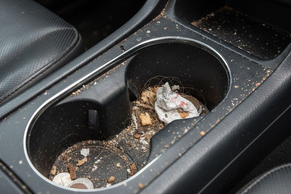 Before and after, make both pictures with a mini vacuum in a hand cleaning a cup holder of a car